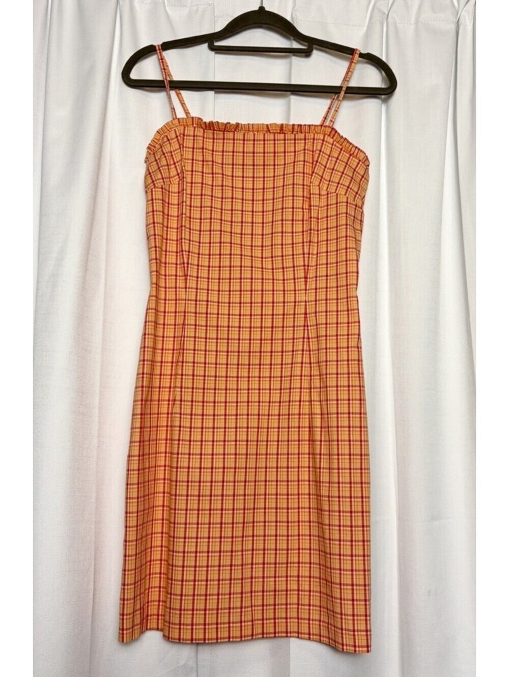 Vintage 90s Byer Too California Orange Plaid Ruffle Mini Dress. Size 5 (XS)
